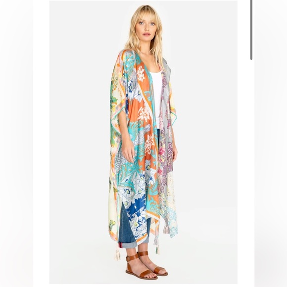 JOHNNY WAS Size OSFA Tara Kimono 100% Silk Floral Butterflies Tassels BoHo NEW - Picture 7 of 16